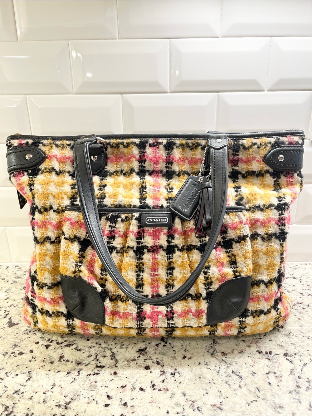 Coach Vintage Daisy Wool Tweed Plaid Emma Large Tote EUC